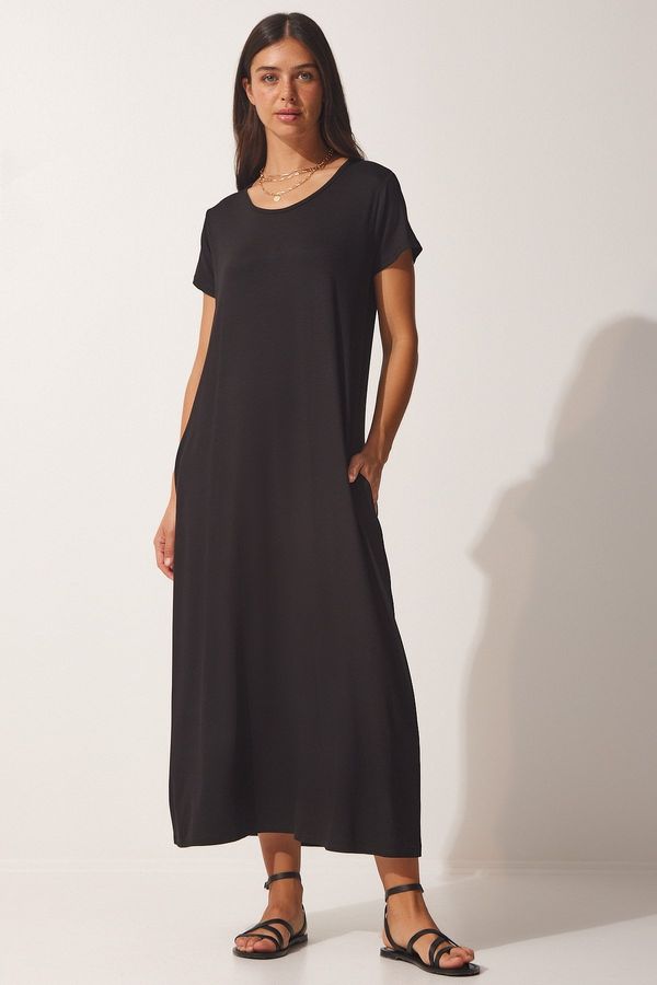 Happiness İstanbul Happiness İstanbul Women's Black Daily Pocket Knitted Combed Cotton Dress