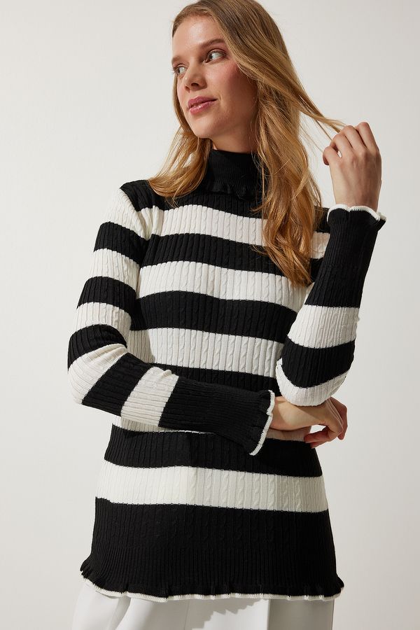 Happiness İstanbul Happiness İstanbul Women's Black Ecru Turtleneck Frilly Striped Knitwear Sweater
