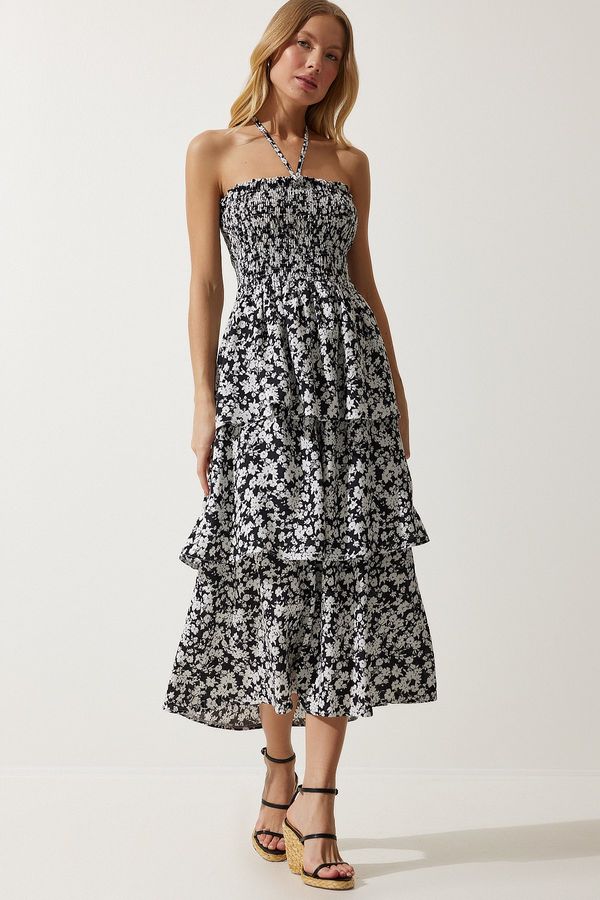 Happiness İstanbul Happiness İstanbul Women's Black Floral Flounce Summer Viscose Dress