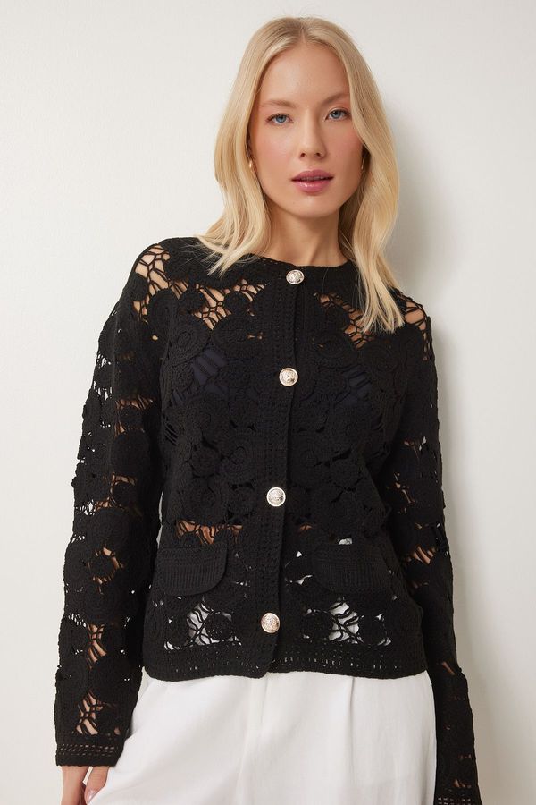 Happiness İstanbul Happiness İstanbul Women's Black Floral Laced Seasonal Knitwear Cardigan