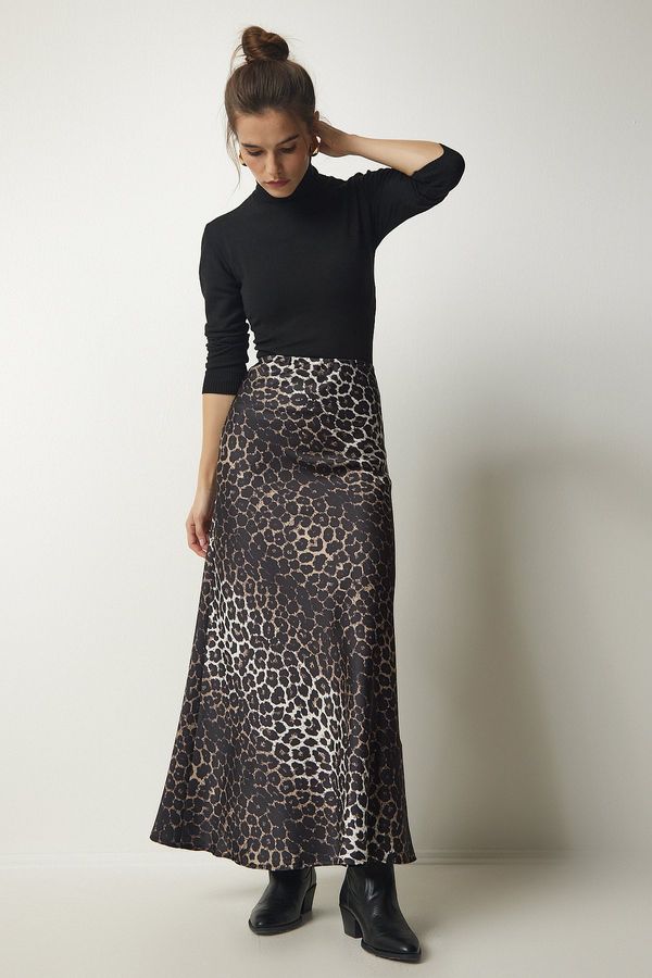Happiness İstanbul Happiness İstanbul Women's Black Leopard Patterned Maxi Satin Skirt