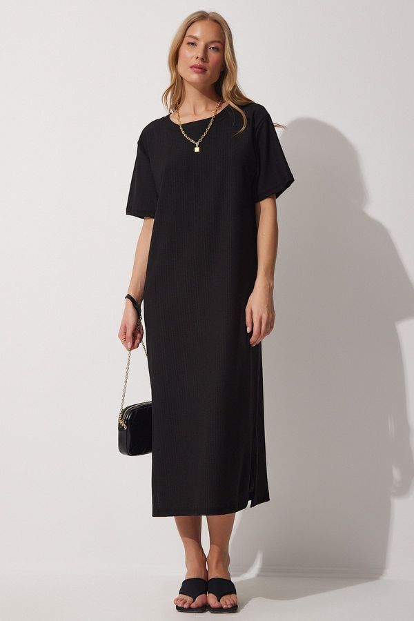 Happiness İstanbul Happiness İstanbul Women's Black Loose Long Daily Summer Knitted Dress