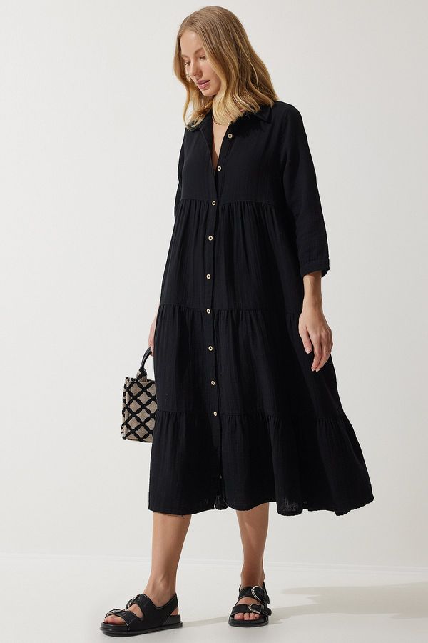 Happiness İstanbul Happiness İstanbul Women's Black Muslin Flared Shirt Dress