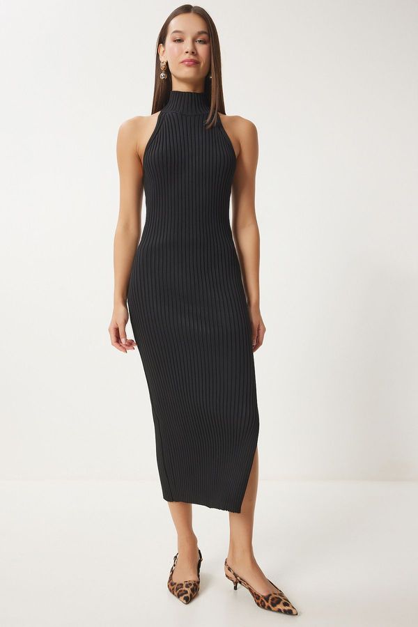 Happiness İstanbul Happiness İstanbul Women's Black Off-the-Shoulder Wrapped Ribbed Knit Dress