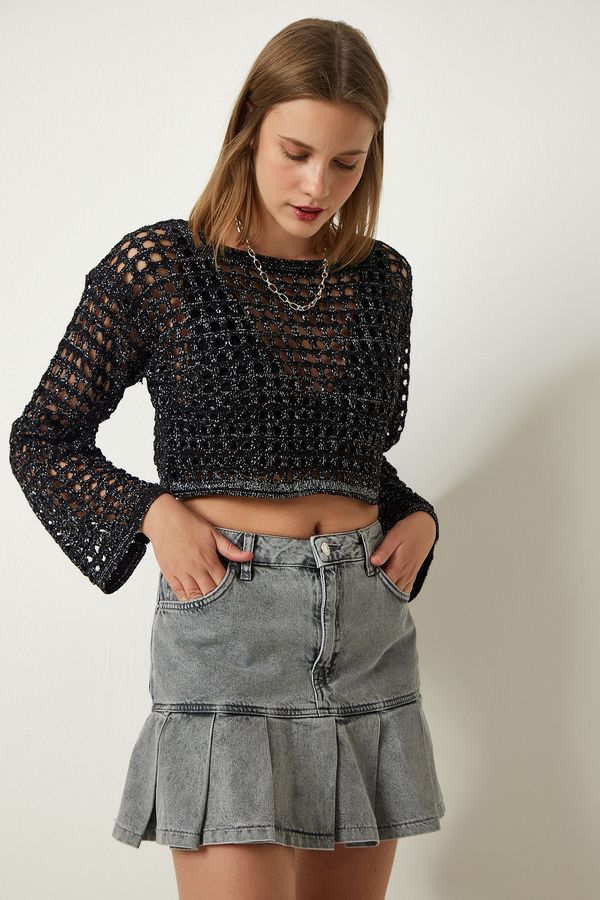 Happiness İstanbul Happiness İstanbul Women's Black Openwork Sparkly Crop Knitwear Sweater