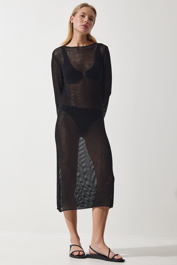 Happiness İstanbul Happiness İstanbul Women's Black Openwork Transparent Long Knitwear Dress