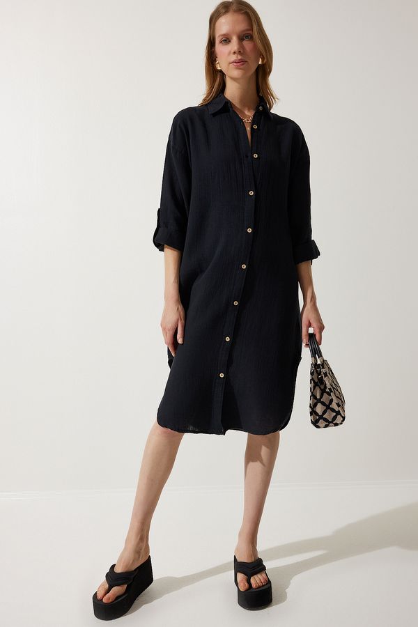 Happiness İstanbul Happiness İstanbul Women's Black Oversize Muslin Shirt Dress