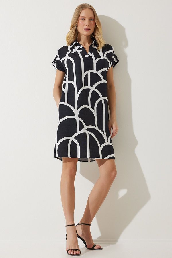 Happiness İstanbul Happiness İstanbul Women's Black Polo Collar Patterned Summer Dress
