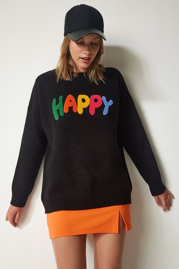 Happiness İstanbul Happiness İstanbul Women's Black Punch Embroidered Oversize Thick Knitwear Sweater