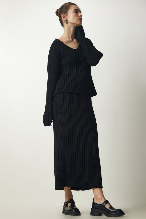 Happiness İstanbul Happiness İstanbul Women's Black Ribbed Sweater Skirt Knitwear Suit