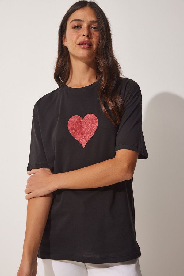 Happiness İstanbul Happiness İstanbul Women's Black Sparkly Heart Printed Oversize Knitted T-Shirt