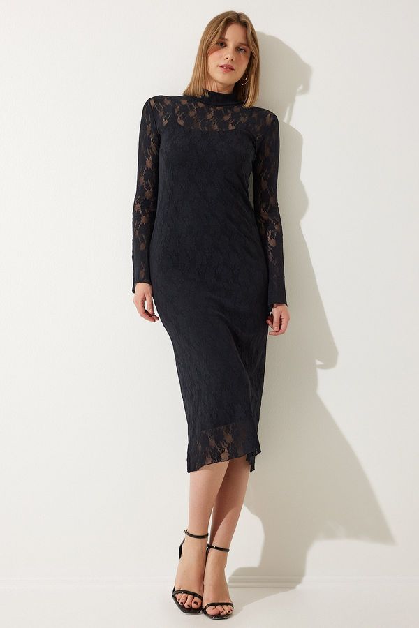 Happiness İstanbul Happiness İstanbul Women's Black Stand Collar Stylish Lace Dress