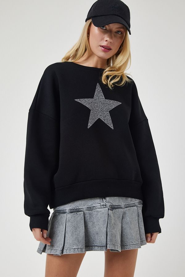 Happiness İstanbul Happiness İstanbul Women's Black Star Embroidered Raised Knitted Sweatshirt