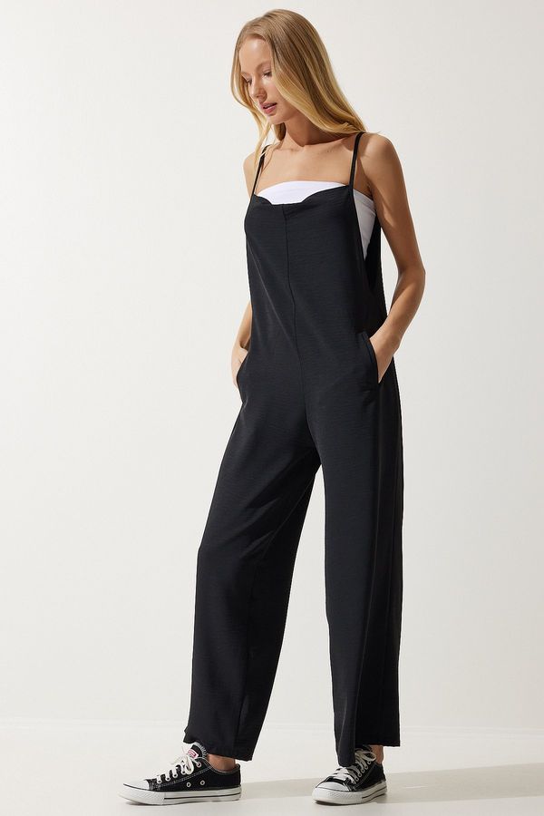 Happiness İstanbul Happiness İstanbul Women's Black Strap Loose Knitted Overalls