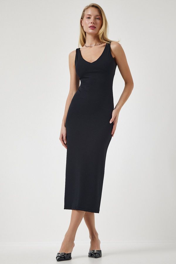 Happiness İstanbul Happiness İstanbul Women's Black Strap V Neck Ribbed Knitted Dress