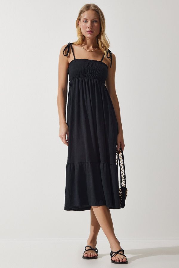 Happiness İstanbul Happiness İstanbul Women's Black Strappy Crinkle Summer Knitted Dress
