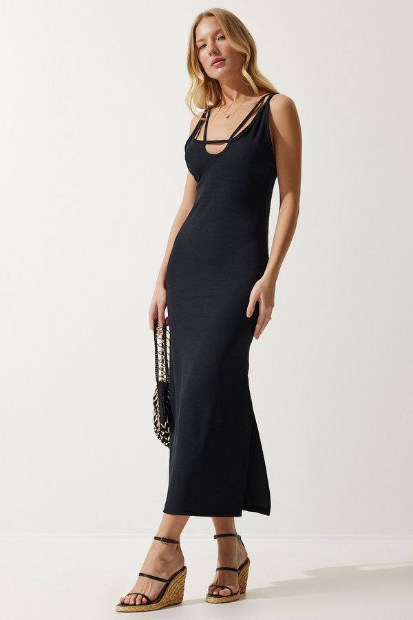 Happiness İstanbul Happiness İstanbul Women's Black Strappy Slit Summer Ribbed Knitted Dress
