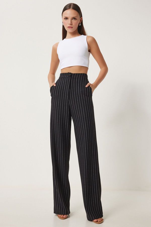 Happiness İstanbul Happiness İstanbul Women's Black Striped Casual Woven Trousers