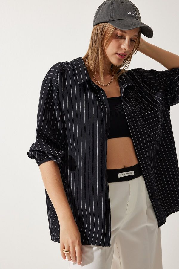 Happiness İstanbul Happiness İstanbul Women's Black Striped Pocket Viscose Shirt