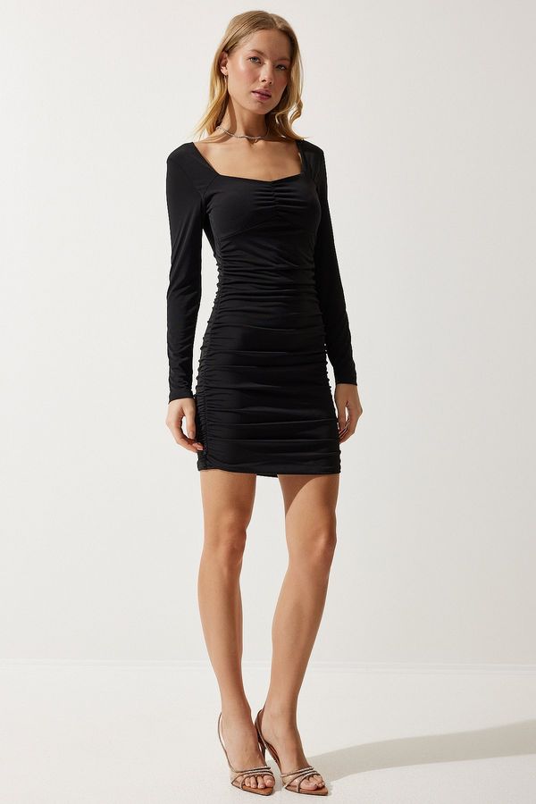 Happiness İstanbul Happiness İstanbul Women's Black Sweetheart Neckline Gathered Sandy Knitted Dress