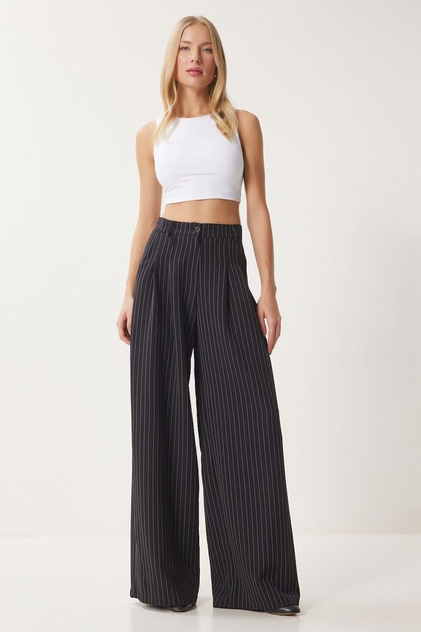 Happiness İstanbul Happiness İstanbul Women's Black Thin Striped Palazzo Woven Trousers