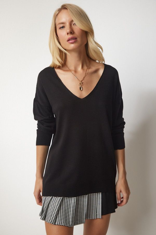 Happiness İstanbul Happiness İstanbul Women's Black V-Neck Fine Knitwear Sweater