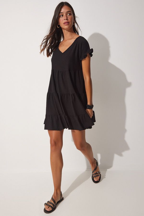 Happiness İstanbul Happiness İstanbul Women's Black V-Neck Flounce Summer Flared Knitted Dress