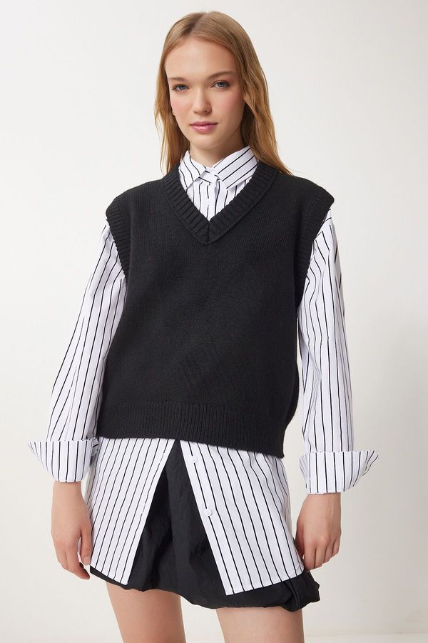 Happiness İstanbul Happiness İstanbul Women's Black V Neck Knitted Sweater