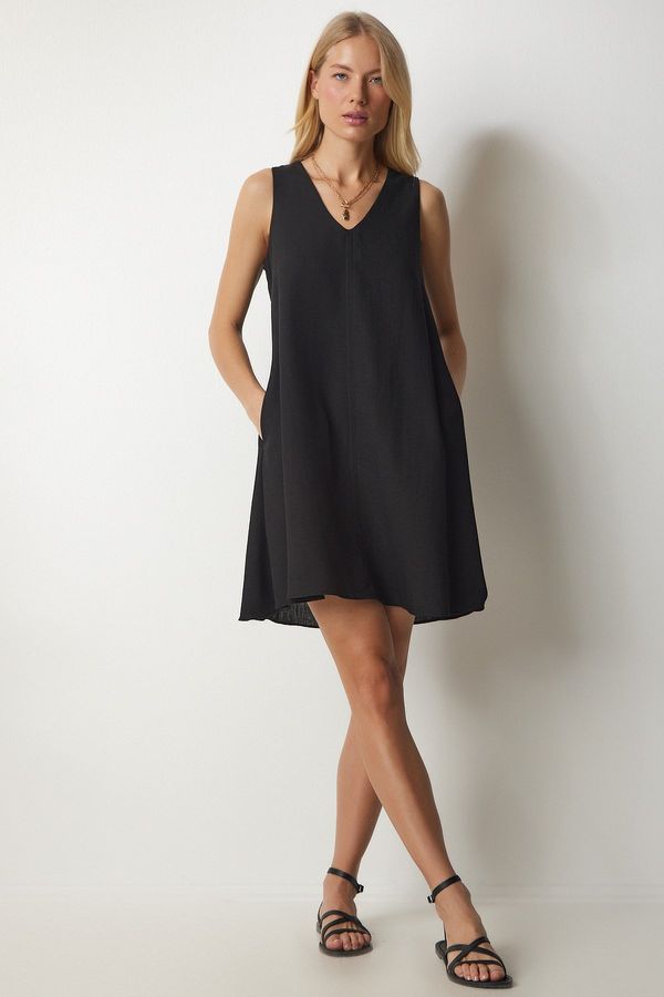 Happiness İstanbul Happiness İstanbul Women's Black V-Neck Linen A-Line Dress