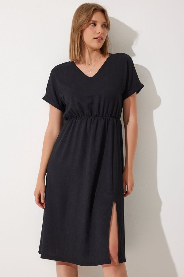 Happiness İstanbul Happiness İstanbul Women's Black V-Neck Slit Summer Casual Knitted Dress