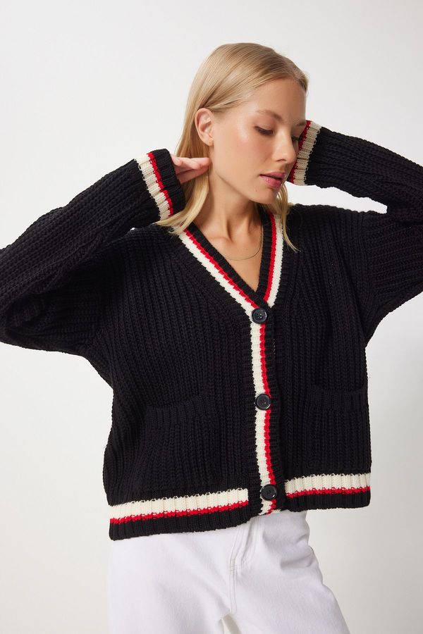 Happiness İstanbul Happiness İstanbul Women's Black V Neck Stripe Detailed Knitwear Cardigan
