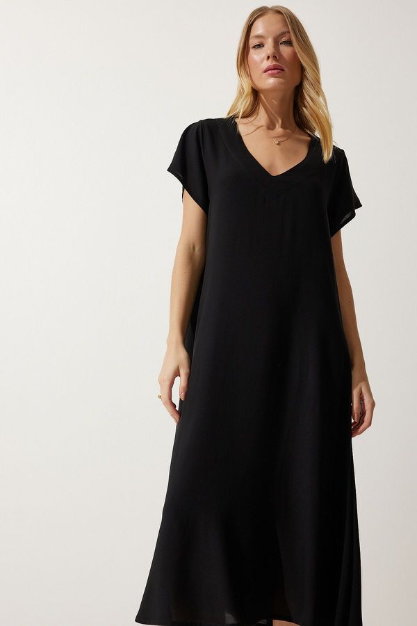 Happiness İstanbul Happiness İstanbul Women's Black V-Neck Summer Flowing Viscose Dress