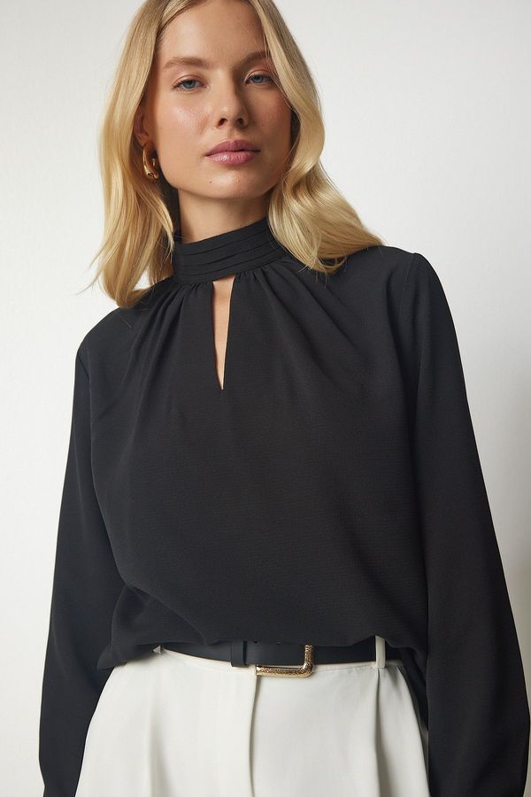 Happiness İstanbul Happiness İstanbul Women's Black Window Detailed Flowy Crepe Blouse