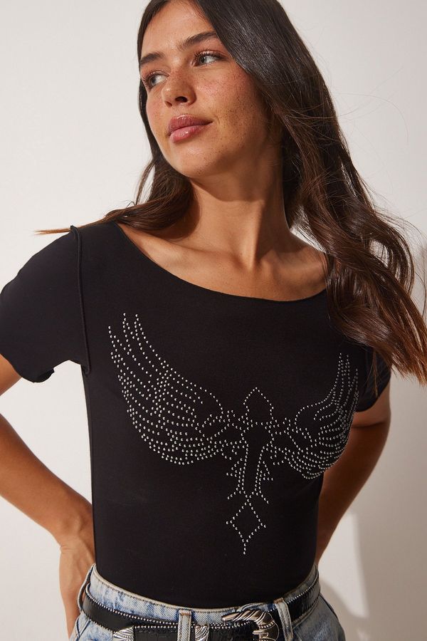 Happiness İstanbul Happiness İstanbul Women's Black Wing Embroidered Viscose Knitted T-Shirts