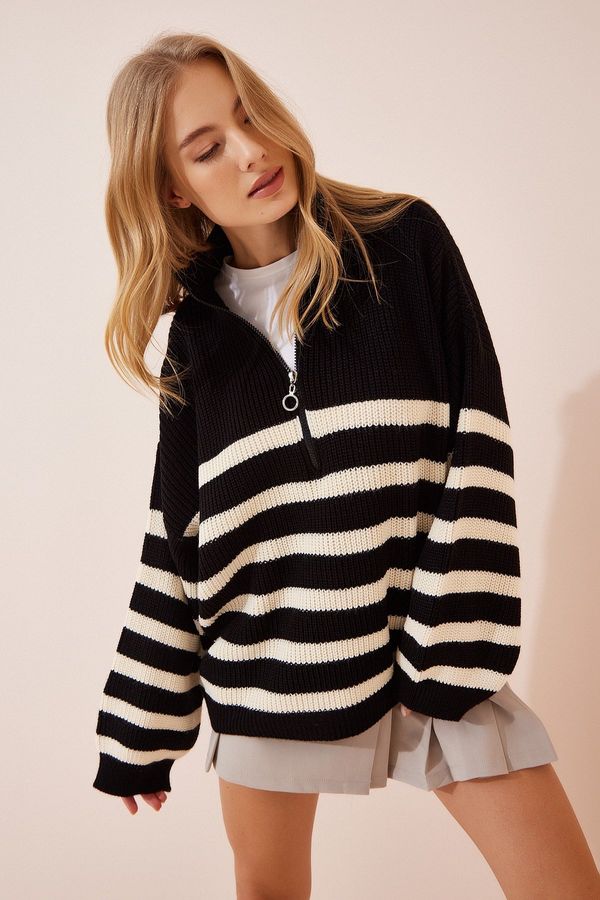 Happiness İstanbul Happiness İstanbul Women's Black Zipper High Neck Striped Oversize Sweater