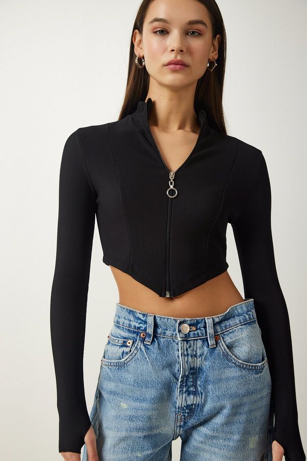 Happiness İstanbul Happiness İstanbul Women's Black Zipper Turtleneck Crop Knitted Blouse