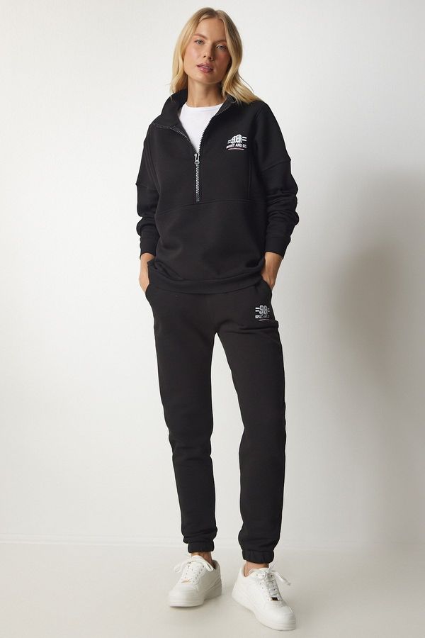 Happiness İstanbul Happiness İstanbul Women's Black Zippered Collar and Rack Knitted Knitted Tracksuit Set