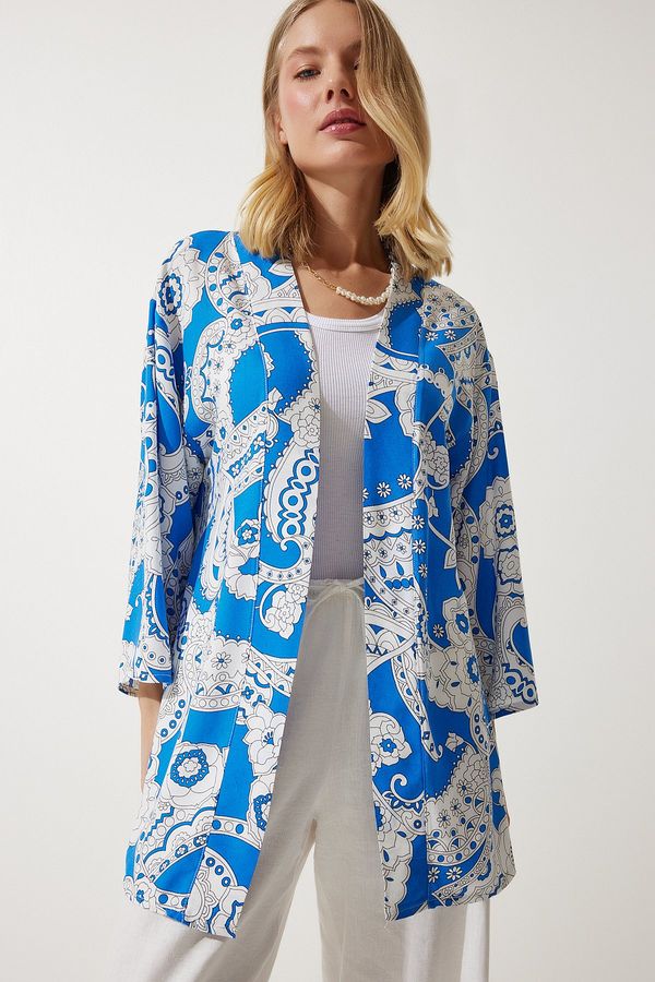 Happiness İstanbul Happiness İstanbul Women's Blue and White Patterned Viscose Kimono