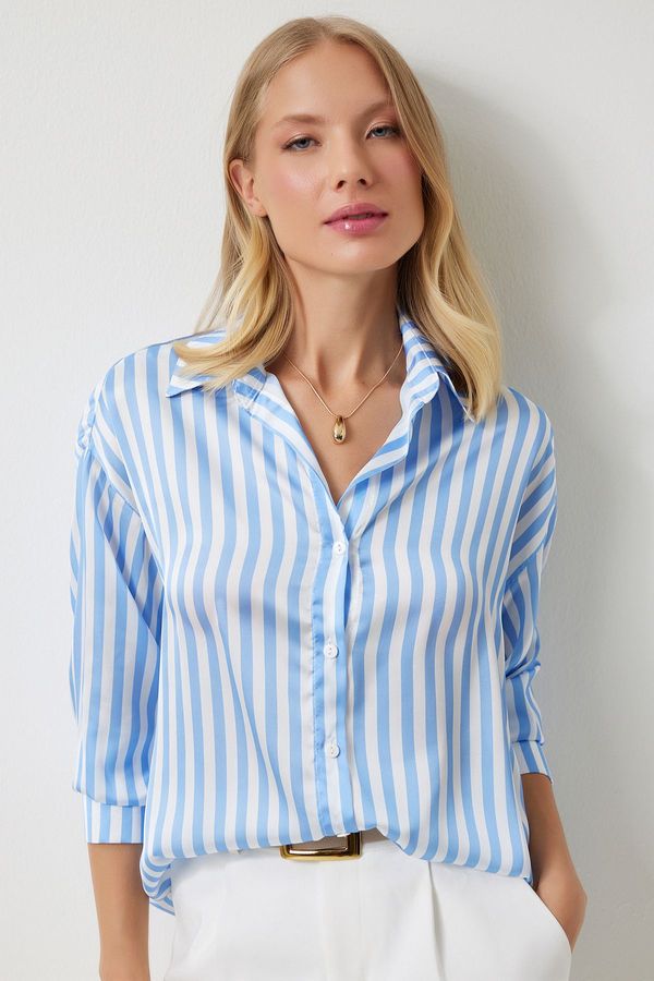 Happiness İstanbul Happiness İstanbul Women's Blue and White Striped Draped Satin Look Shirt