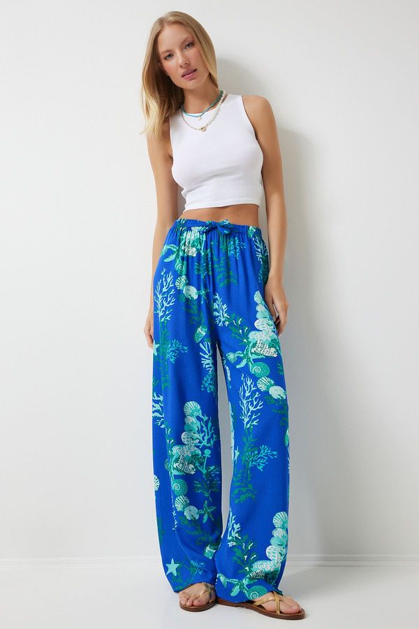Happiness İstanbul Happiness İstanbul Women's Blue Aqua Green Patterned Loose Viscose Palazzo Trousers