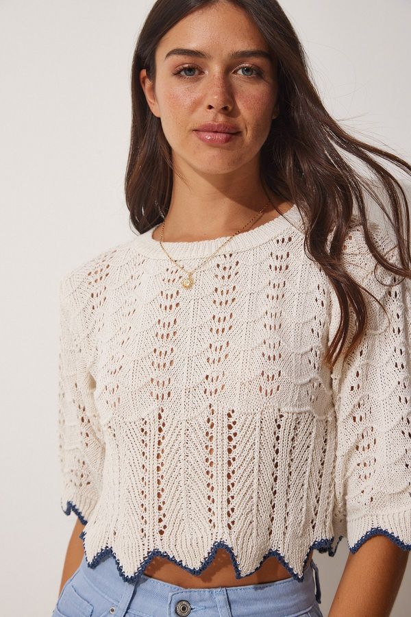 Happiness İstanbul Happiness İstanbul Women's Blue Cream Striped Openwork Knitwear Blouse