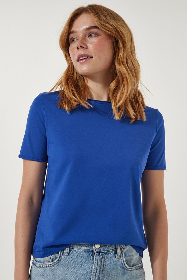 Happiness İstanbul Happiness İstanbul Women's Blue Crew Neck Basic Knitted T-Shirt
