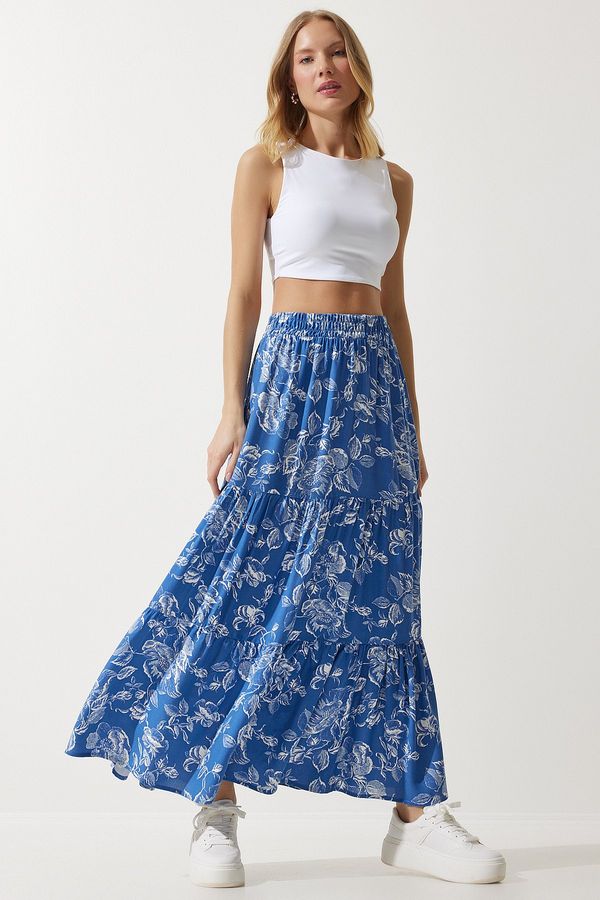 Happiness İstanbul Happiness İstanbul Women's Blue Floral Patterned Flounce Viscose Skirt