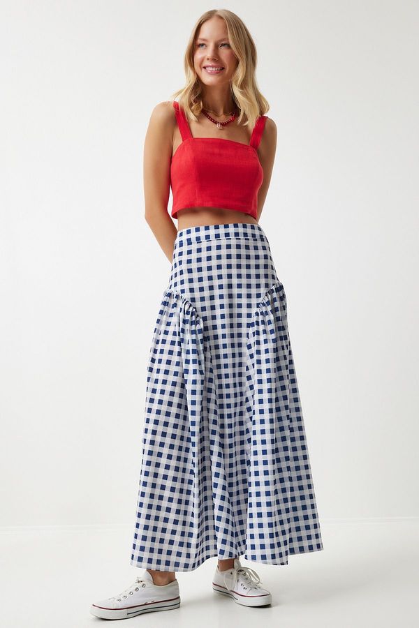Happiness İstanbul Happiness İstanbul Women's Blue Gingham Flounced Summer Poplin Skirt