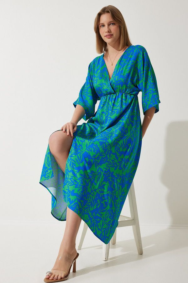 Happiness İstanbul Happiness İstanbul Women's Blue Green Deep V-Neck Summer Long Viscose Dress
