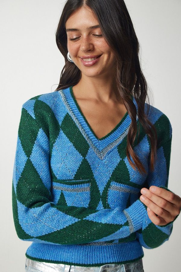 Happiness İstanbul Happiness İstanbul Women's Blue Green Diamond Patterned Pocket Knitwear Sweater
