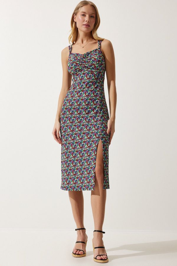 Happiness İstanbul Happiness İstanbul Women's Blue Green Double Strappy Patterned Knitted Dress