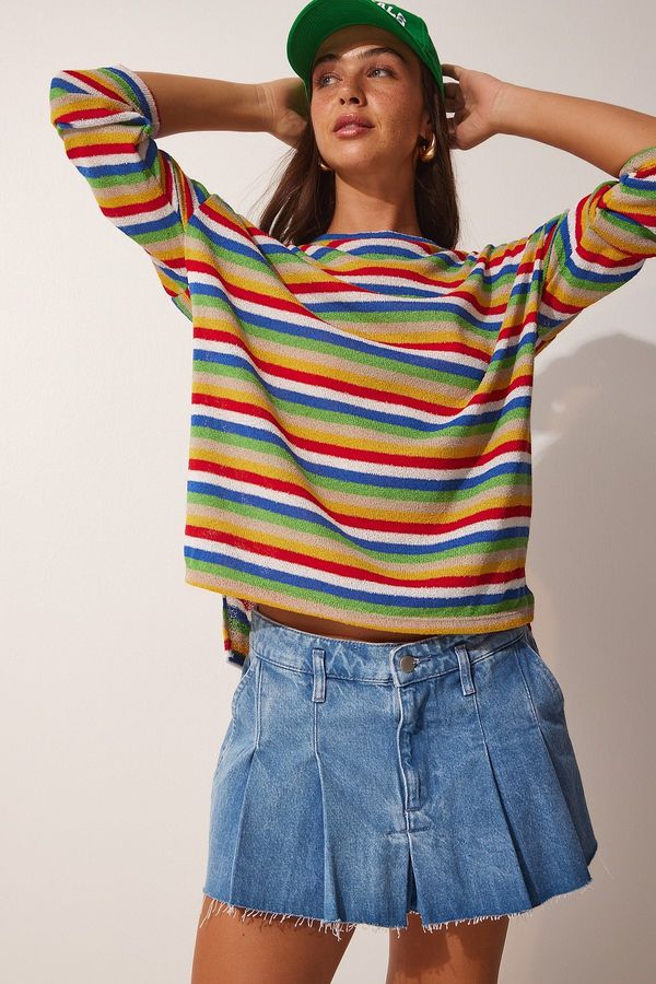 Happiness İstanbul Happiness İstanbul Women's Blue Green Striped Loose Knitwear Sweater