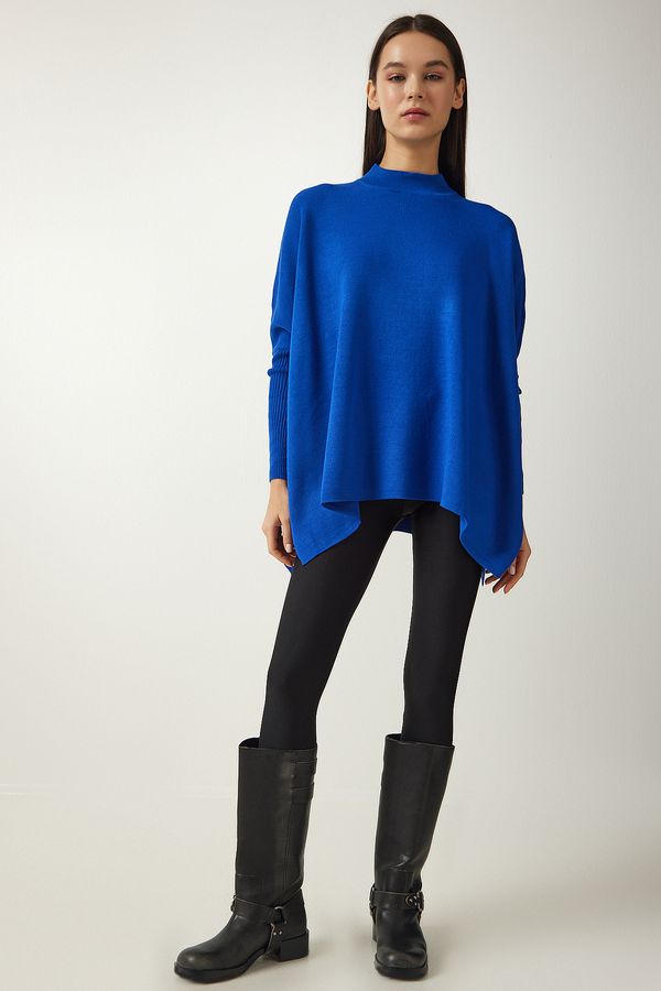 Happiness İstanbul Happiness İstanbul Women's Blue High Neck Slit Knitwear Poncho Sweater