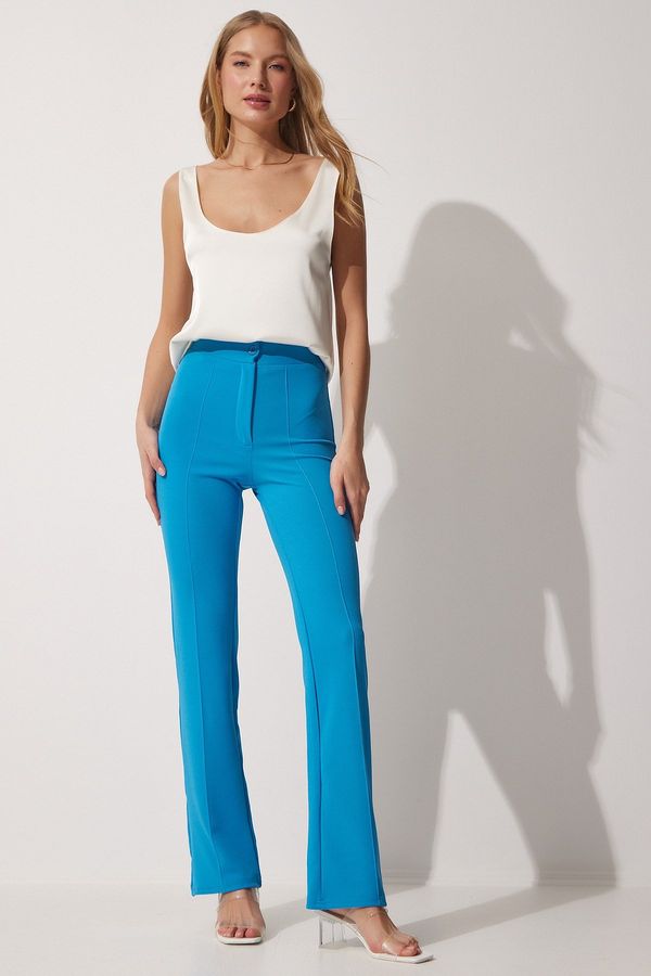 Happiness İstanbul Happiness İstanbul Women's Blue High Waist Lycra Casual Knitted Trousers